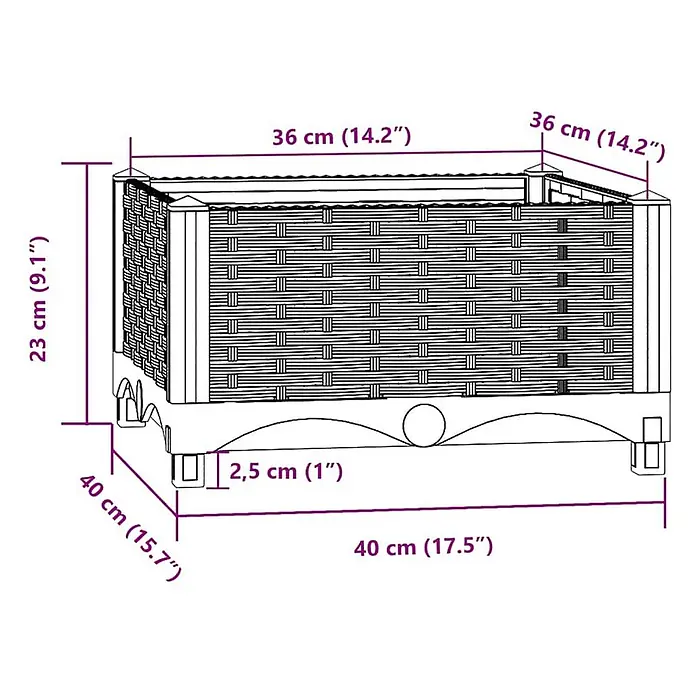 Furnicato Hochbeet - 40 x 40 x 23 cm, Kunststoff, Braun - Maße eines rechteckigen Pflanzkastens in Rattan-Optik: Höhe 23 cm, obere Länge/Breite 36 cm, untere Länge/Breite 40 cm.