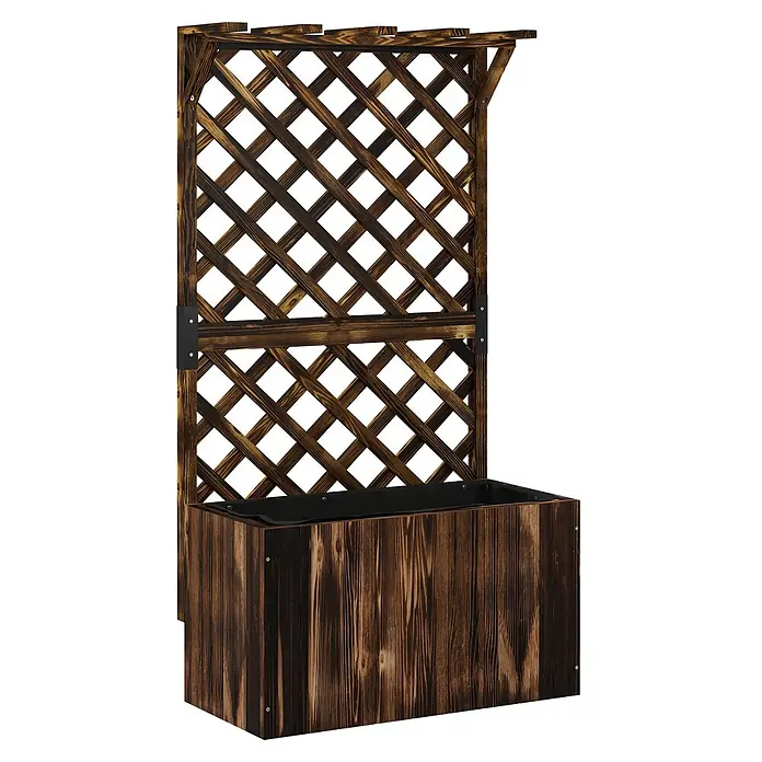 Furnicato Hochbeet - 64 x 33 x 122 cm, Holz, Verkohlt - Dunkelbrauner Holzpflanzkübel mit diagonalem Spaliergitter und schwarzer Innenverkleidung.