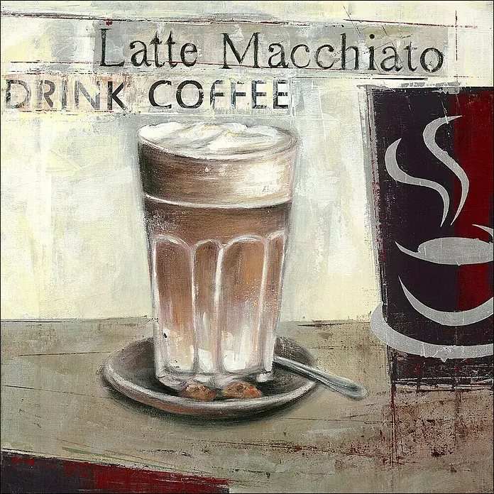 ProArt Leinwandbild Konventionel - Pleasure II, B x H: 40 x 40 cm - Ein gemaltes Bild von einem Latte Macchiato, der auf einem Untertasse steht, lädt zum Kaffeetrinken ein. Daneben steht ein Kaffeetassenlogo.