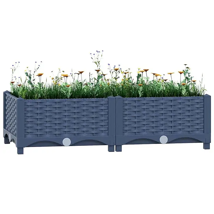 Furnicato Hochbeet - 80 x 40 x 23 cm, Kunststoff, Blaugrau - Langes grau-blaues Hochbeet aus Kunststoff in Rattan-Optik, gefüllt mit grünen Pflanzen und gelben/blauen Blüten.