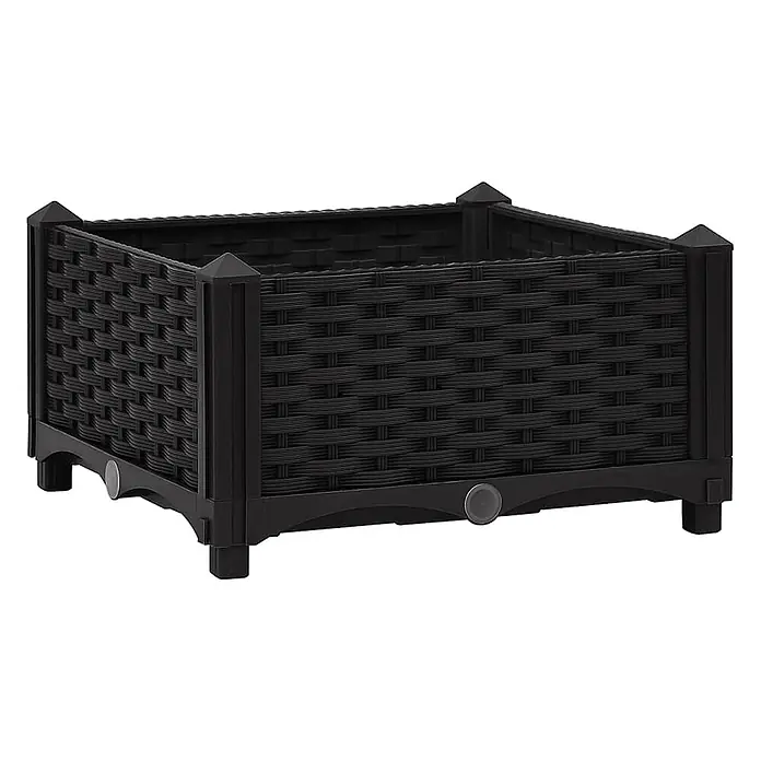 Furnicato Hochbeet - 40 x 40 x 23 cm, Kunststoff, Schwarz - Schwarzer quadratischer Blumenkasten aus Kunststoff mit Rattan-Geflechtoptik und Eckpfosten.