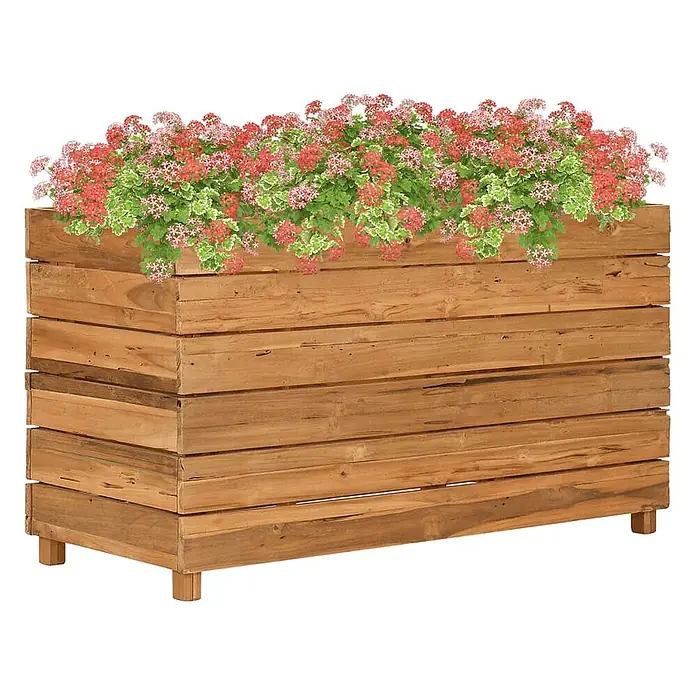 Furnicato Hochbeet - 100 x 40 x 55 cm, Holz, Braun - Brauner Holzpflanzkasten mit rosa und grünen Blumen.