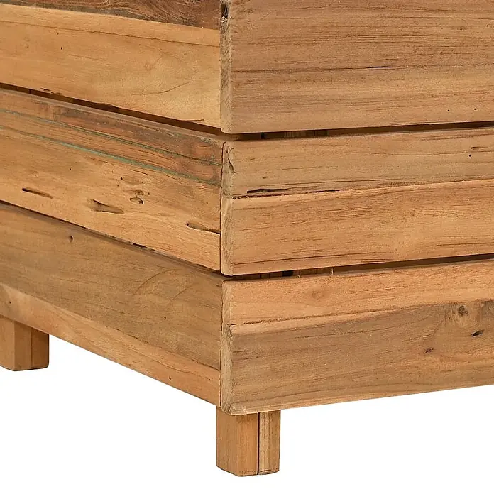 Furnicato Hochbeet - 100 x 40 x 55 cm, Holz, Braun - Nahaufnahme einer rustikalen Latten-Pflanzkiste aus recyceltem Teakholz, auf kleinen Beinen.