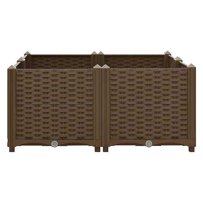 Furnicato Hochbeet Polypropylen - 80 x 80 x 38 cm, Kunststoff, Braun - Brauner, zweigeteilter Komposter mit Rattanmuster, Zieraufsätzen und Ablassstopfen.