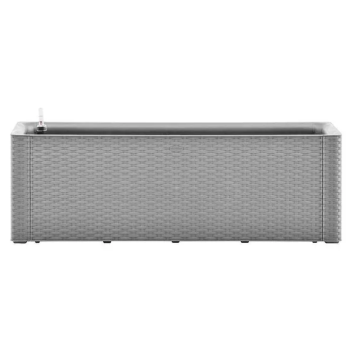 Furnicato Hochbeet - 43 x 100 x 33 cm, Kunststoff, Grau - Grauer rechteckiger Blumenkasten mit Rattan-Struktur und Wasserstandsanzeiger.