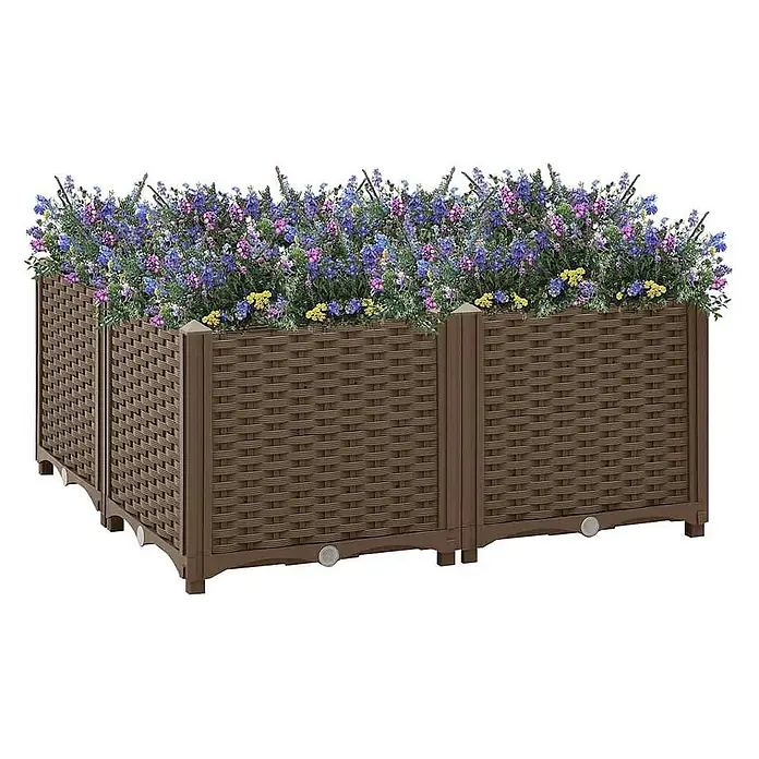 Furnicato Hochbeet Polypropylen - 80 x 80 x 38 cm, Kunststoff, Braun - Braunes Hochbeet im Rattan-Look aus Kunststoff, gefüllt mit bunten Blumen in Blau, Rosa und Gelb.