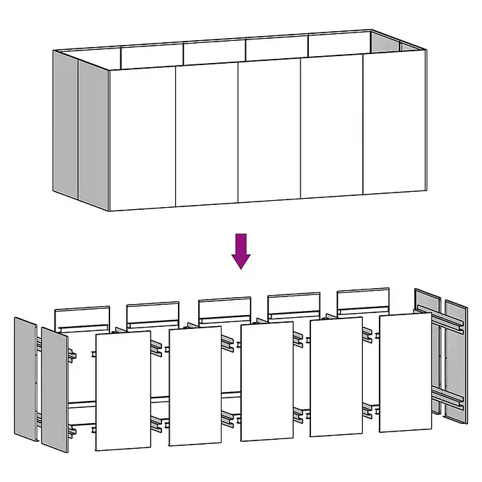 Furnicato Hochbeet - 80 x 200 x 80 cm, Stahl, Braun - Modularer Messestand, weiße und graue Paneele, montiert und dann zusammengeklappt für den Transport.