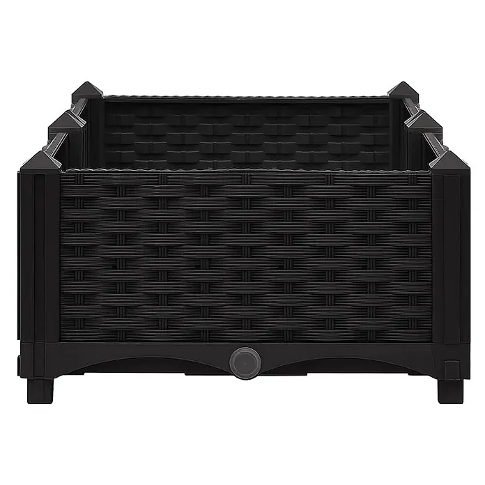 Furnicato Hochbeet - 80 x 40 x 23 cm, Kunststoff, Schwarz - Schwarzer rechteckiger Pflanzkasten mit Rattan-Textur und Abflussstopfen.