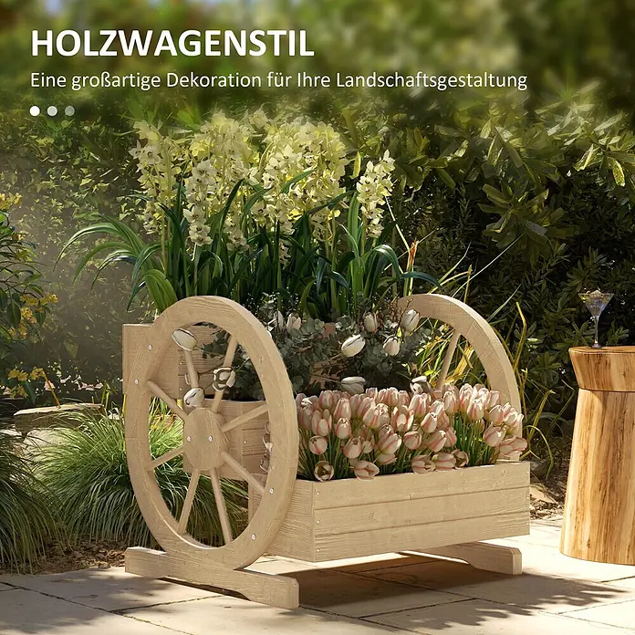 Outsunny Hochbeet - 62 x 61 x 57 cm, Holz, Naturholz - Pflanzgefäß im Holzwagen-Stil aus hellem Holz, mit Blumen gefüllt, als Gartendekoration.