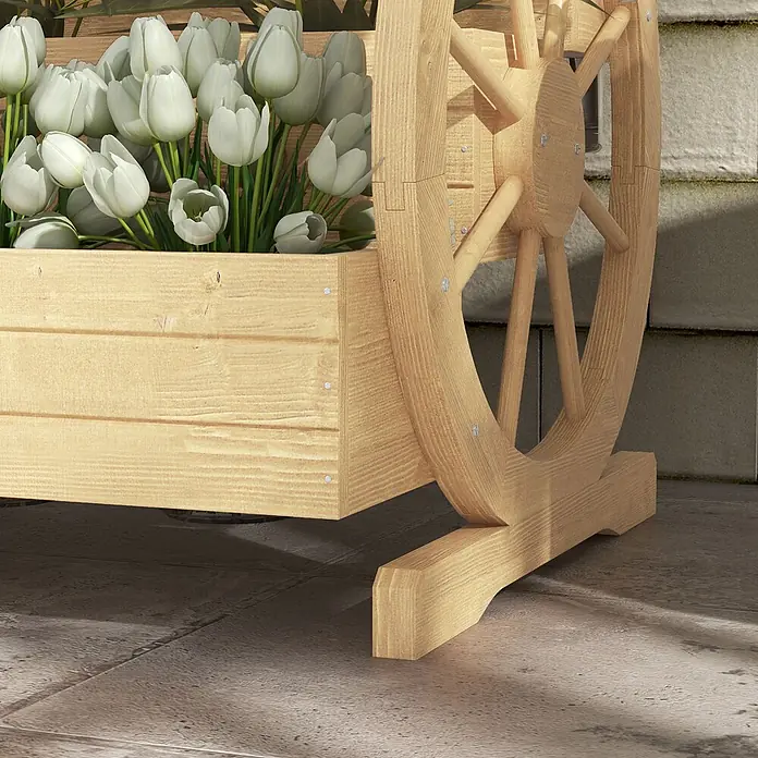 Outsunny Hochbeet - 62 x 61 x 57 cm, Holz, Naturholz - Hölzerner Pflanzkasten auf Rädern, gefüllt mit weißen Tulpen, als dekorativer Gartenwagen.