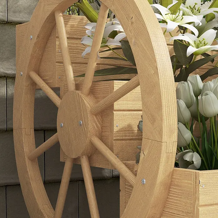 Outsunny Hochbeet - 62 x 61 x 57 cm, Holz, Naturholz - Pflanzgefäß aus hellem Holz in Wagenradform mit weißen Lilien und Tulpen vor einer Steinwand.