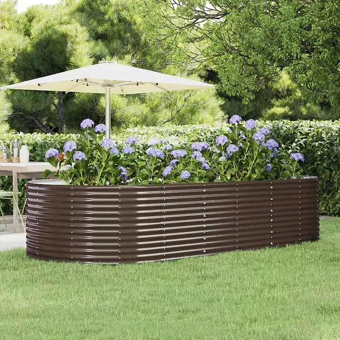 Furnicato Hochbeet - 291 x 140 x 68 cm, Stahl, Braun - Braunes, gewelltes Metall-Hochbeet, oval, gefüllt mit lila Blumen.