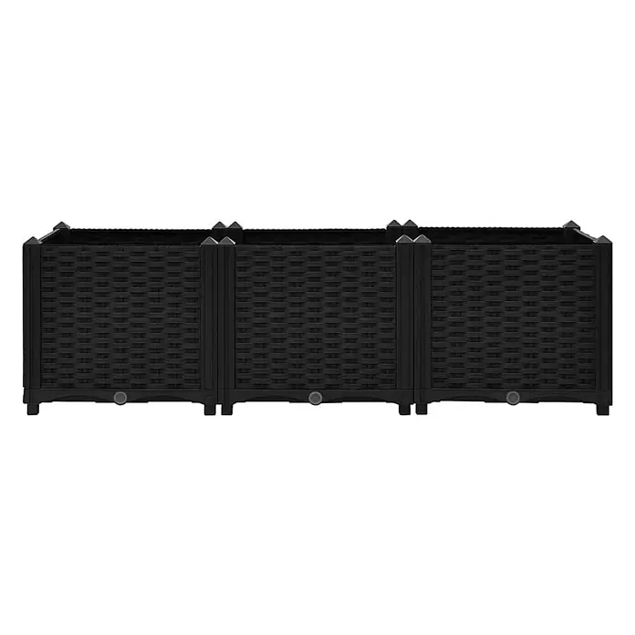 Furnicato Hochbeet - 40 x 120 x 38 cm, Kunststoff, Schwarz - Modulares schwarzes Pflanzgefäß im Rattan-Stil mit drei Abschnitten, Ablassstopfen und Zierkappen.