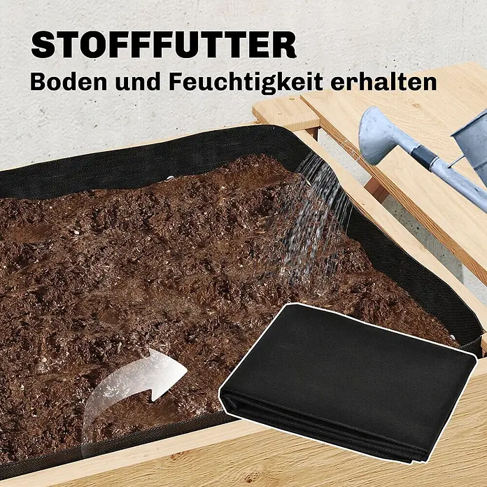 Outsunny Hochbeet - 119,5 x 102 x 76,5 cm, Holz, Naturholz - Schwarzes Stofffutter in einem Hochbeet, hält Erde und Feuchtigkeit, wird bewässert. Ein gefaltetes Futterstück liegt daneben.