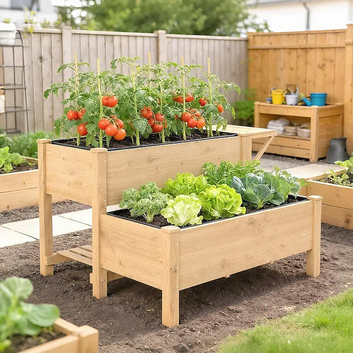 Outsunny Hochbeet - 119,5 x 102 x 76,5 cm, Holz, Naturholz - Gestapelte Hochbeete aus hellem Holz, eines mit reifen Tomaten, das andere mit frischem Grünzeug, in einem sonnigen Garten.