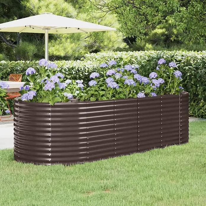 Furnicato Hochbeet - 249 x 100 x 68 cm, Stahl, Braun - Großes dunkelbraunes Wellblech-Hochbeet, gefüllt mit Blumen.