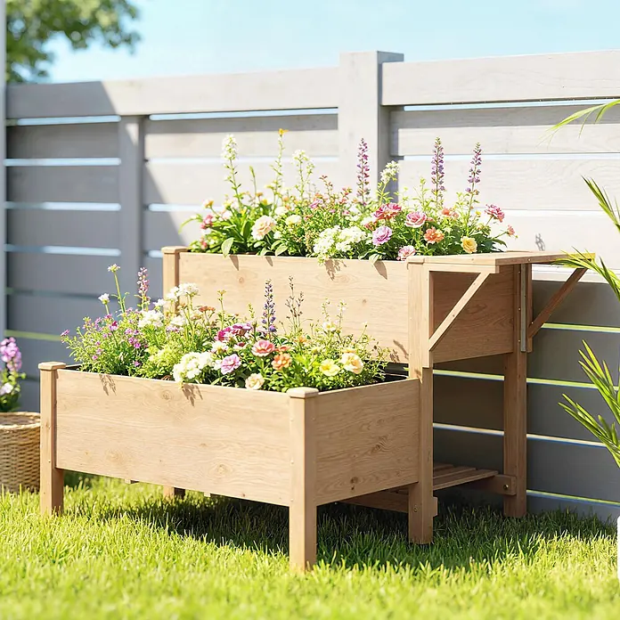 Outsunny Hochbeet - 119,5 x 102 x 76,5 cm, Holz, Naturholz - Zweistufiges hellbraunes Hochbeet aus Holz mit bunten Blumen, auf grünem Rasen.
