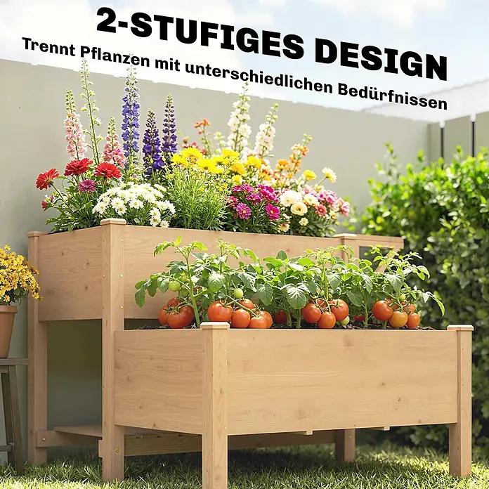 Outsunny Hochbeet - 119,5 x 102 x 76,5 cm, Holz, Naturholz - Zweistufiges Hochbeet aus hellem Holz mit Blumen oben und Tomaten unten, ideal zur Trennung verschiedener Pflanzen.