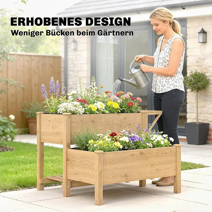 Outsunny Hochbeet - 119,5 x 102 x 76,5 cm, Holz, Naturholz - Zweistöckiges Hochbeet aus hellem Holz, eine Frau gießt Blumen, erleichtert die Gartenarbeit.