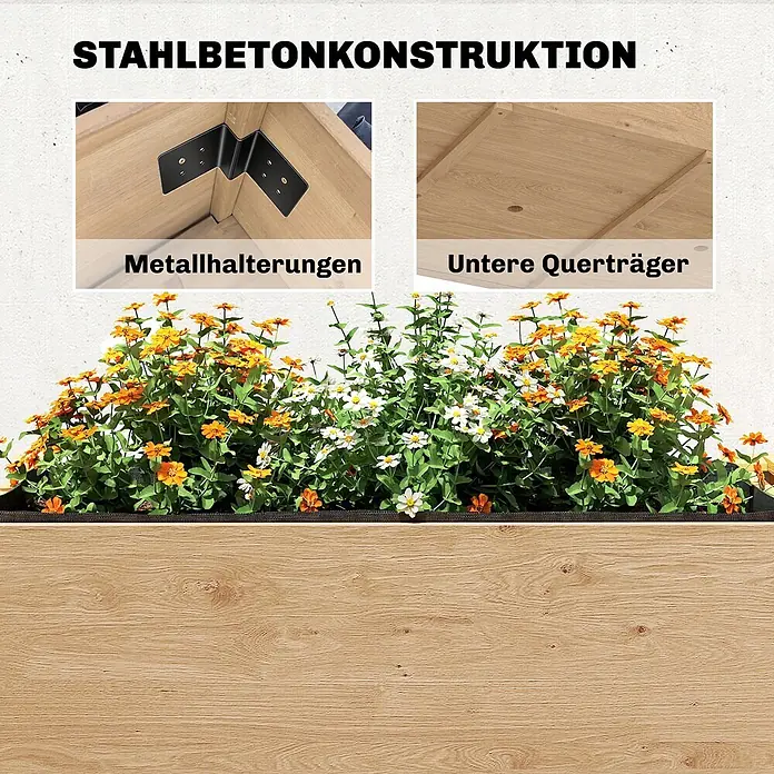 Outsunny Hochbeet - 119,5 x 102 x 76,5 cm, Holz, Naturholz - Pflanzkasten aus Holz mit Blumen, zeigt schwarze Metallhalterungen und hölzerne Querstreben zur Bodenunterstützung.