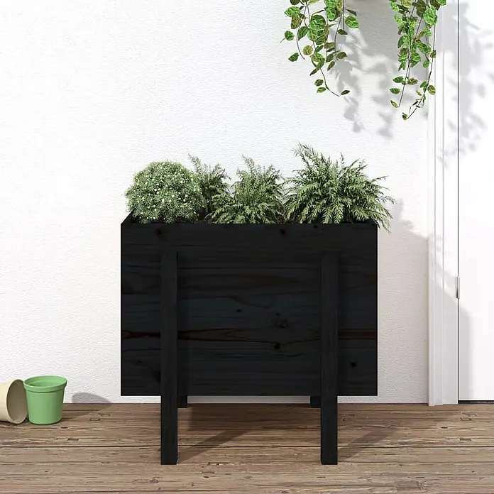 Furnicato Hochbeet - 50 x 62 x 57 cm, Holz, Schwarze Kiefer - Hoher schwarzer Holz-Pflanzkasten mit stabilen Beinen, gefüllt mit Grünpflanzen.