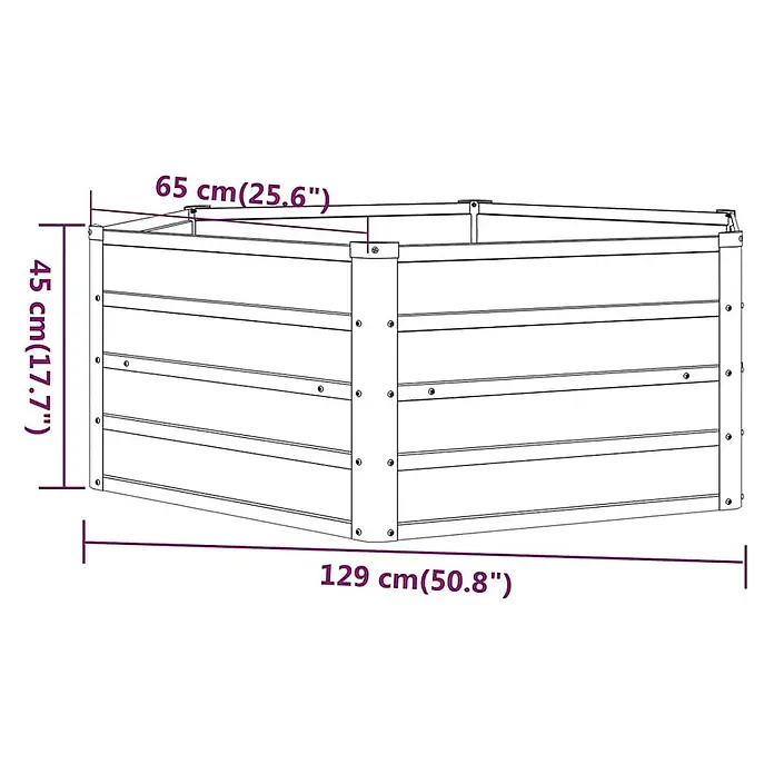 Furnicato Hochbeet - 129 x 129 x 45 cm, Stahl, Braun - Strichzeichnung eines Hochbeets mit Abmessungen: 129 cm lang, 65 cm breit und 45 cm hoch.