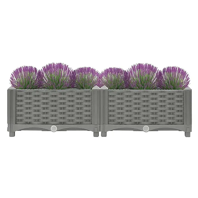 Furnicato Hochbeet - 80 x 40 x 23 cm, Kunststoff, Hellgrau - Graues Pflanzgefäß in Rattan-Optik mit künstlichen lila-grünen Pflanzen. Modulares Design für Garten oder Terrasse.