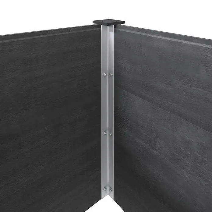 Furnicato Hochbeet - 100 x 300 x 91 cm, Verbundwerkstoff, Grau - Dunkelgraue Hochbeet-Ecke aus Verbundmaterial mit silbernem Aluminium-Eckpfosten und schwarzer Kappe.