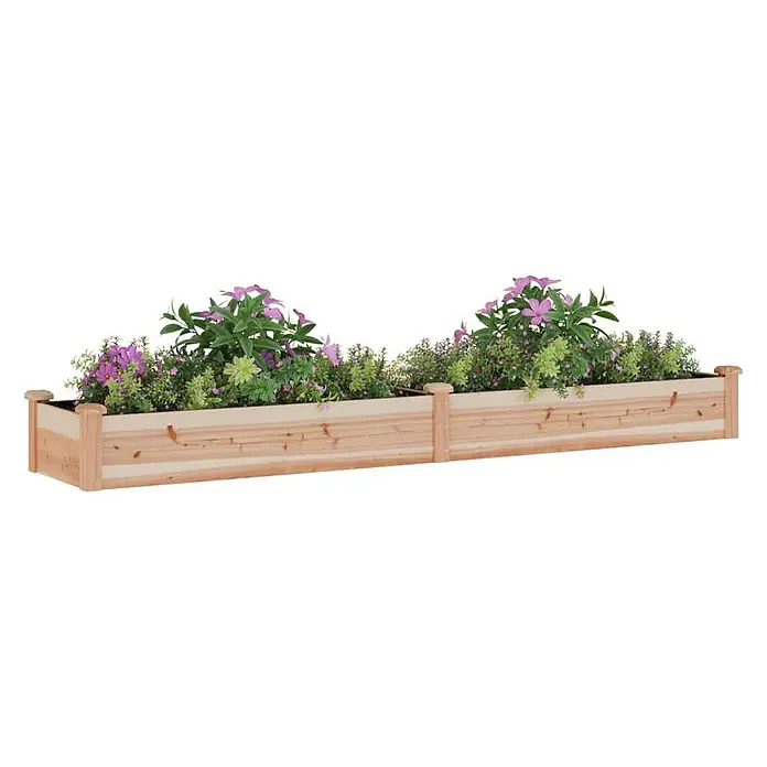 Furnicato Hochbeet - 240 x 45 x 25 cm, Holz, Natur - Langes Holz-Pflanzgefäß mit natürlicher Oberfläche, gefüllt mit grünen Pflanzen und lila Blumen.