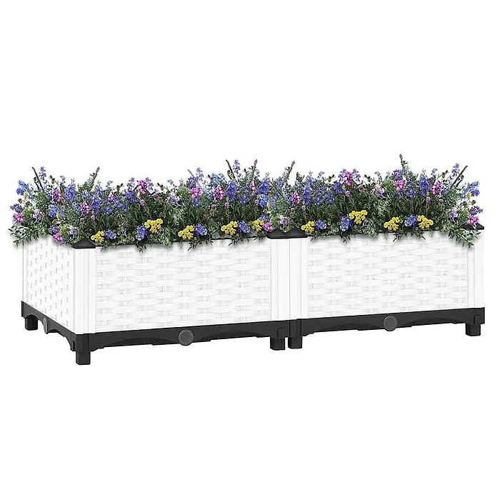 Furnicato Hochbeet - 80 x 40 x 23 cm, Kunststoff, Weiß - Weißes Rattan-Stil Hochbeet mit schwarzem Untergestell, gefüllt mit bunten Blumen.