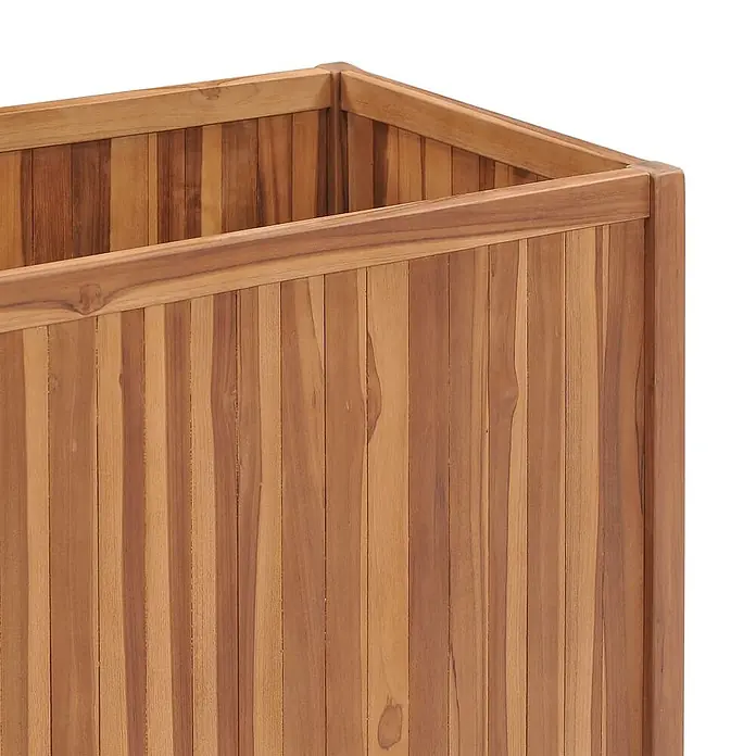 Furnicato Hochbeet - 100 x 50 x 70 cm, Holz, Braun - Nahaufnahme eines Pflanzkübels oder einer Kiste aus natürlichem Teakholz mit vertikalen Lamellen und stabilem Rand.