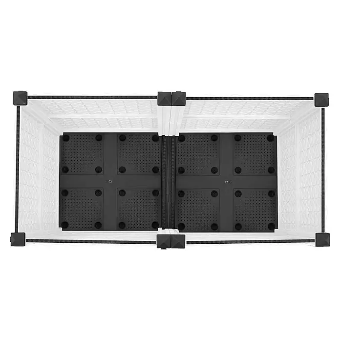 Furnicato Hochbeet - 40 x 80 x 38 cm, Kunststoff, Weiß - Draufsicht einer leeren modularen Umzäunung mit weißen strukturierten Wänden, schwarzem perforiertem Boden und schwarzen Eckverbindern.