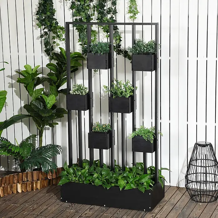 Furnicato Hochbeet - 170 x 45 x 170 cm, Holz, Schwarz - Schwarzer vertikaler Gartenpflanzkübel aus Holz mit mehreren Etagen für Pflanzen.