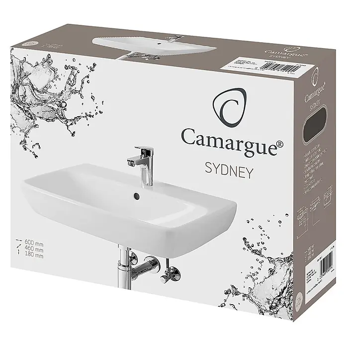 Camargue Sydney Waschtisch-Set - 60 x 46 cm, Ohne Spezialglasur, Hahnloch: Mitte, Mit Überlauf, Weiß - Weißes Keramikwaschbecken mit Chromarmatur und -rohren. Auf Produktverpackung mit 'Camargue SYDNEY'-Branding und Maßen abgebildet.