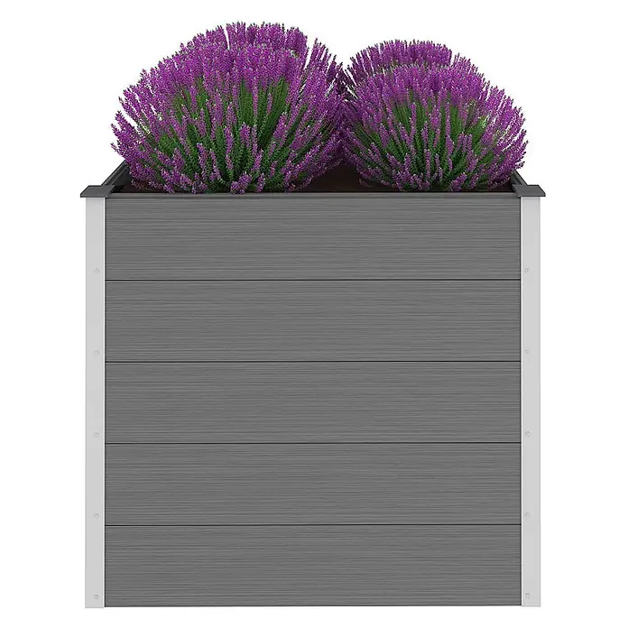 Furnicato Hochbeet - 100 x 100 x 91 cm, Verbundwerkstoff, Grau - Dunkelgrauer Komposit-Pflanzkübel mit silbernen Akzenten, gefüllt mit zwei leuchtend violetten Blütenpflanzen.