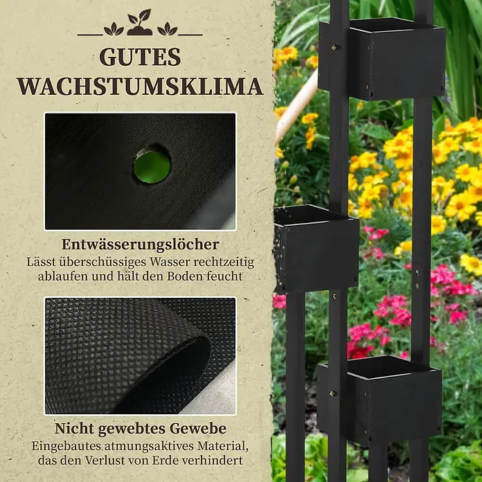Furnicato Hochbeet - 170 x 45 x 170 cm, Holz, Schwarz - Schwarzer vertikaler Pflanzständer mit mehreren Kästen, Drainageöffnungen und Vliesfutter für optimales Pflanzenwachstum.
