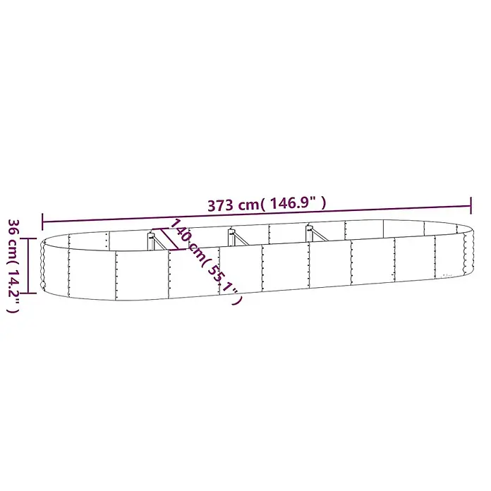 Furnicato Hochbeet - 373 x 140 x 36 cm, Stahl, Braun - Ovales Hochbeet-Diagramm mit Maßen: 373 cm L x 140 cm B x 36 cm H.