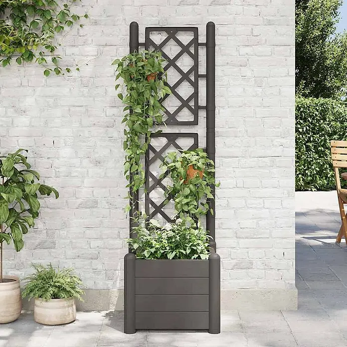 Furnicato Hochbeet PP Anthrazit - 43 x 43 x 142 cm, Kunststoff, Anthrazit - Dunkelgrauer Pflanzkasten mit integriertem Spalier, der verschiedene Grünpflanzen trägt.