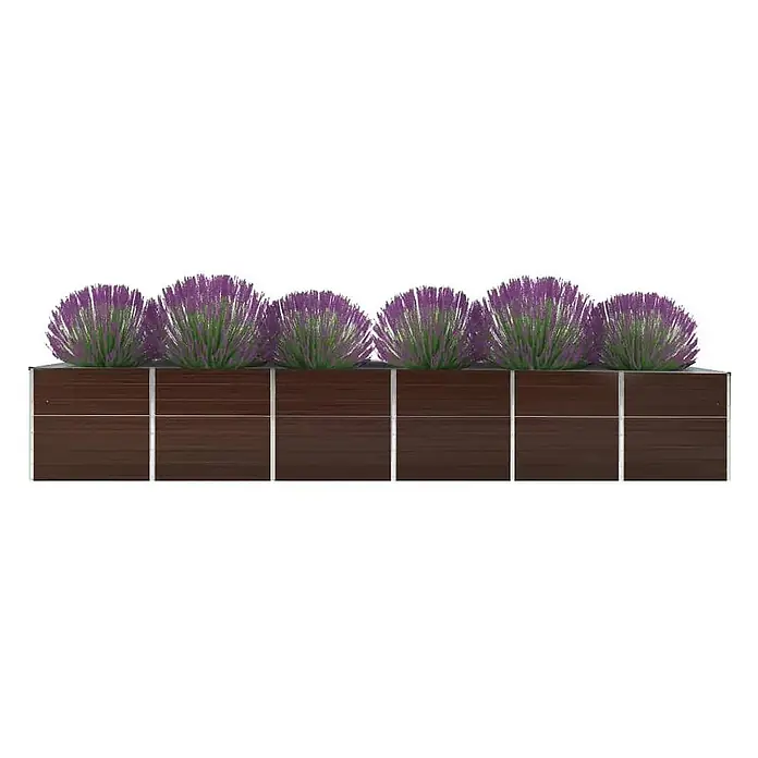 Furnicato Hochbeet - 480 x 80 x 77 cm, Stahl, Braun - Langes, dunkelbraunes Pflanzgefäß mit silbernen Trennwänden, gefüllt mit üppigen lila-grünen Stachelpflanzen.