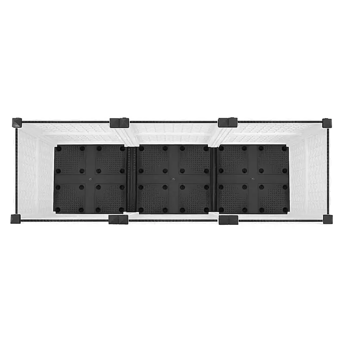 Furnicato Hochbeet - 120 x 40 x 38 cm, Kunststoff, Weiß - Draufsicht auf ein modulares Hochbeet mit weißem Rahmen und drei schwarzen perforierten Fächern.