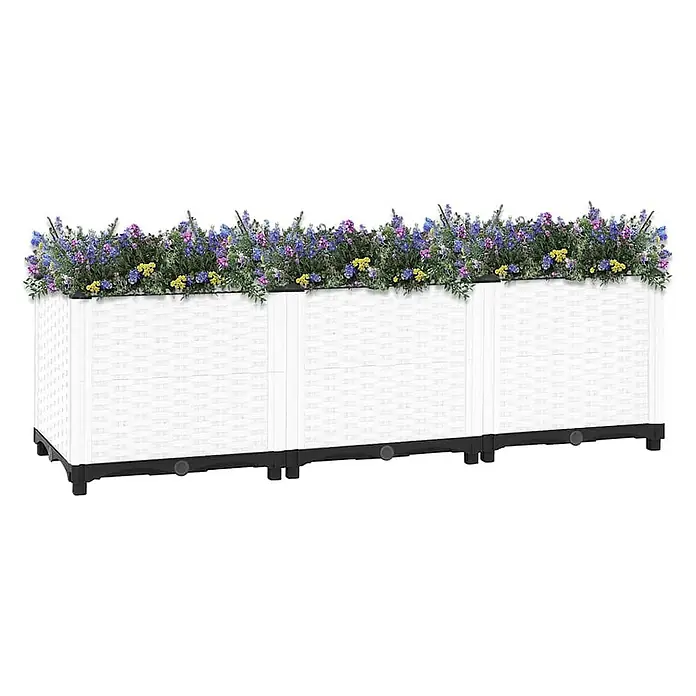 Furnicato Hochbeet - 120 x 40 x 38 cm, Kunststoff, Weiß - Weißes Hochbeet im Rattan-Look, dreiteilig, mit bunten Blumen und grünem Laub.