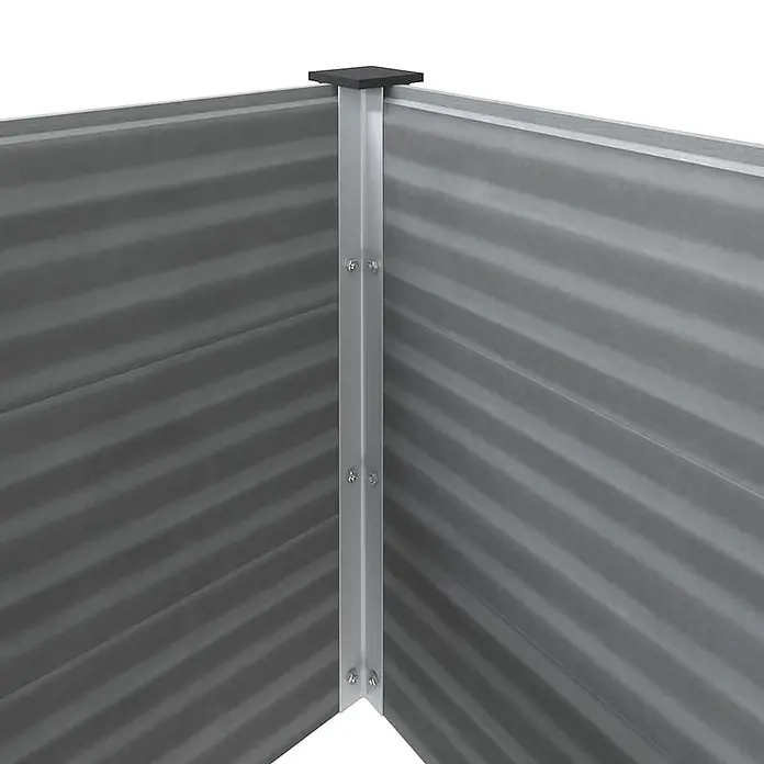 Furnicato Hochbeet - 50 x 250 x 91 cm, Verbundwerkstoff, Grau - Ecke eines Hochbeets aus grauem Wellblech, verbunden durch einen Metallpfosten mit schwarzer Kappe.