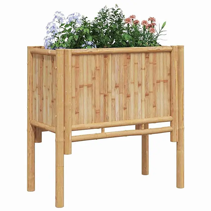 Furnicato Hochbeet - 70 x 35 x 70 cm, Naturmaterialien, Braun - Erhöhter Bambus-Pflanzkasten in Naturfarbe, gefüllt mit bunten Blumen.