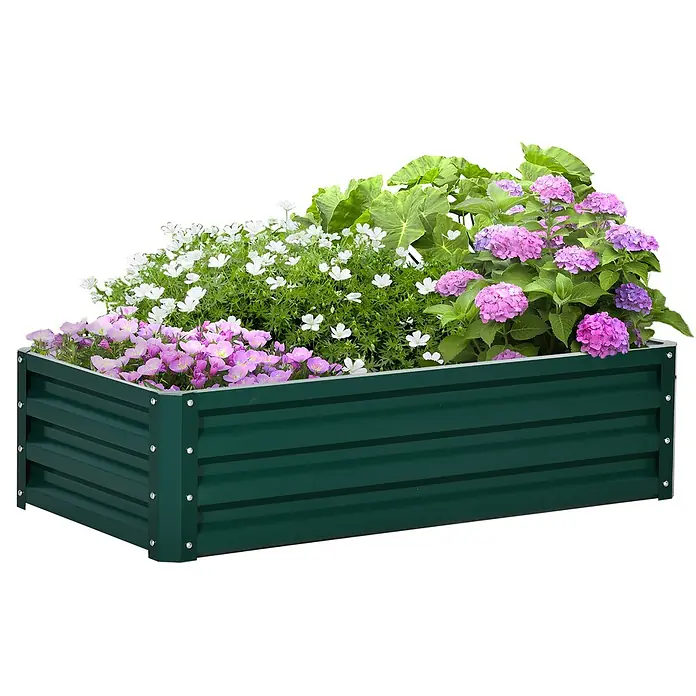 Furnicato Hochbeet - 120 x 60 x 30,5 cm, Stahl, Grün - Dunkelgrünes Hochbeet aus Wellblech, gefüllt mit rosa, weißen und lila Blumen sowie üppigen grünen Pflanzen.