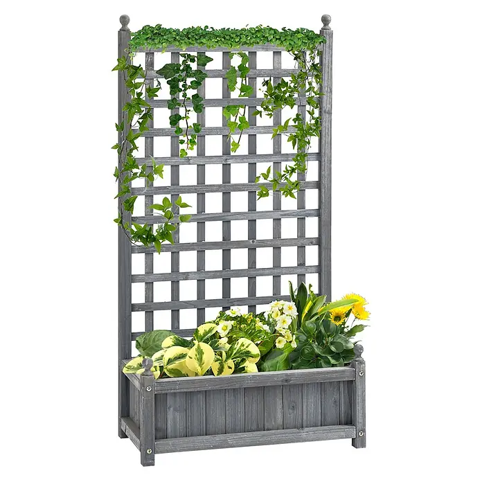 Furnicato Hochbeet - 120 x 28 x 120 cm, Holz, Hellgrau - Graues hölzernes Gartenrankgitter mit integriertem Pflanzkasten, gefüllt mit grünen Kletterpflanzen und bunten Blumen.