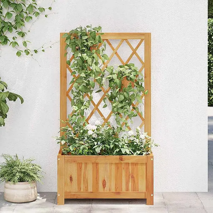 Furnicato Hochbeet Akazien-Massivholz geölt - 55 x 28 x 100 cm, Holz, Braun - Hölzerner Pflanzkasten mit integriertem Rankgitter, gefüllt mit Kletterpflanzen und weißen Blumen.