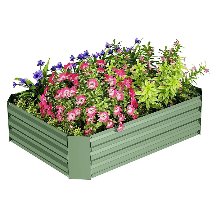 Furnicato Hochbeet - 120 x 90 x 30 cm, Stahl, Dunkelgrün - Grünes Metall-Hochbeet mit geriffelten Paneelen, gefüllt mit bunten Blumen.