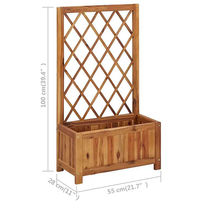 Furnicato Hochbeet Akazien-Massivholz geölt - 55 x 28 x 100 cm, Holz, Braun - Brauner Blumenkasten aus Holz mit integriertem Rankgitter für Kletterpflanzen.