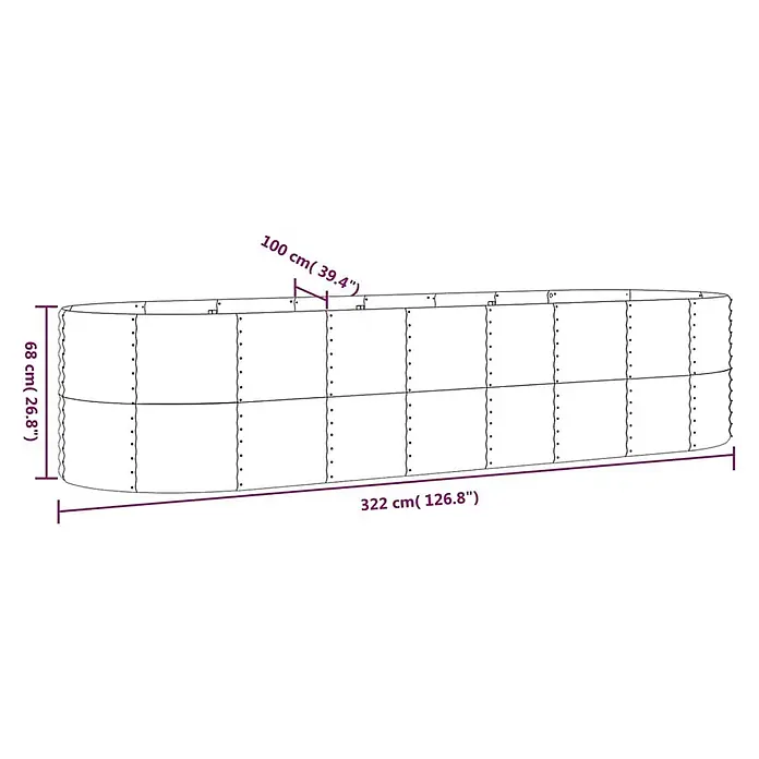 Furnicato Hochbeet - 322 x 100 x 68 cm, Stahl, Grün - Längliches, ovales Hochbeet aus Metall, 322 cm lang, 100 cm breit und 68 cm hoch.