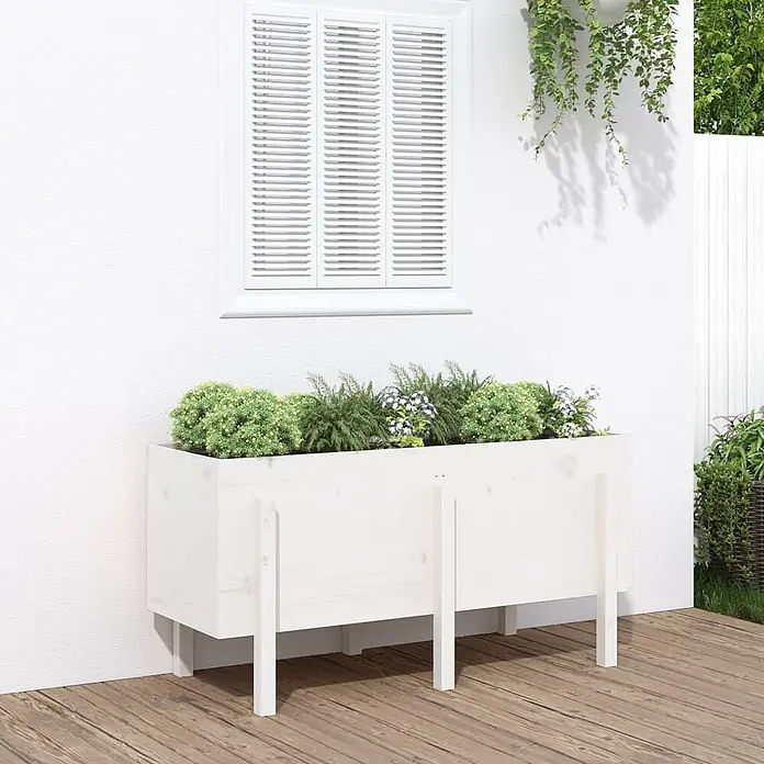Furnicato Hochbeet - 50 x 121 x 57 cm, Holz, Weiße Kiefer - Weißes Holz-Pflanzgefäß mit Pflanzen auf einer Terrasse.